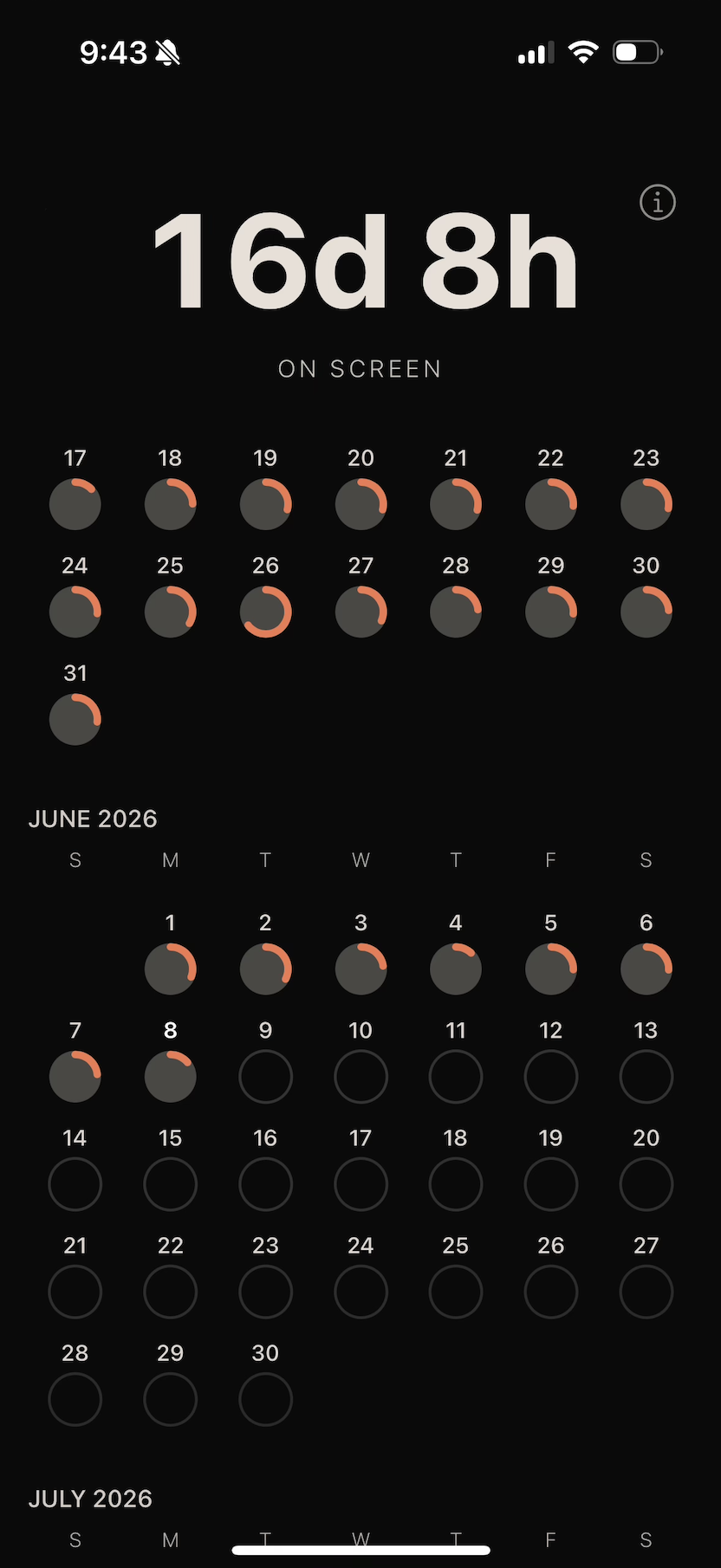 Another24 calendar view — every day since install shown as a grid of circular progress rings