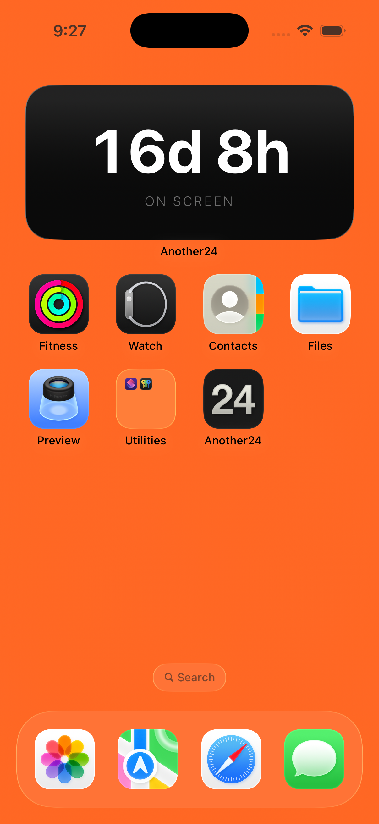 Another24 widget on an iPhone home screen, showing 2 months 17 days on screen